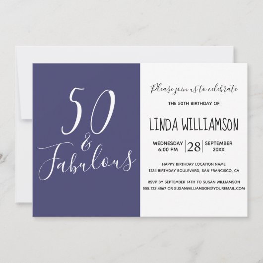 Invitation Chic Moderne 50 Fabuleux Marine bleu 50e anniversa (Devant)