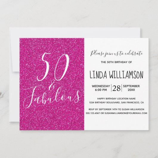 Invitation Chic Moderne 50 Fabuleux Parties scintillant rose (Devant)