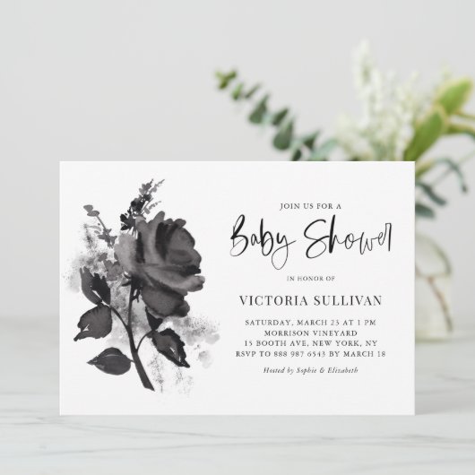 Invitation Chic moderne Aquarelle Rose noir Baby shower (Debout devant)