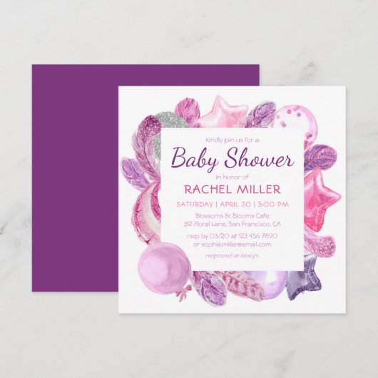 Invitation Chic moderne Boho Aquarelle Girly Baby shower rose (Devant / Derrière)