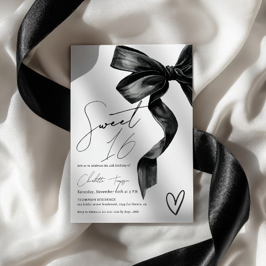 Invitation Chic moderne Coquette Black Bow Sweet 16 Anniversa