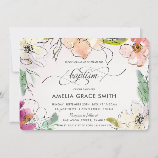 Invitation Chic Moderne Elégant Aquarelle Baptême Floral (Devant)