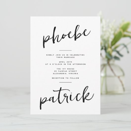 Invitation Chic Moderne Gras Nom Noir Blanc Mariage (Debout devant)