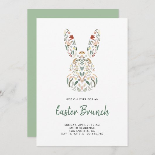 Invitation Chic moderne lapin floral Brunch de Pâques (Devant / Derrière)