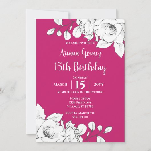 Invitation Chic Moderne Magenta Blanc Floral 15e anniversaire (Devant)