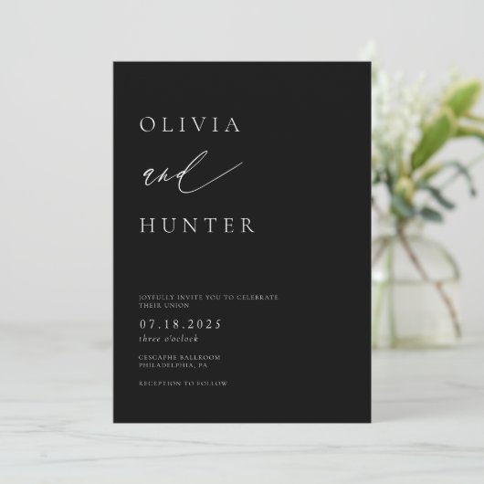 Invitation Chic moderne Mariage noir & blanc (Debout devant)