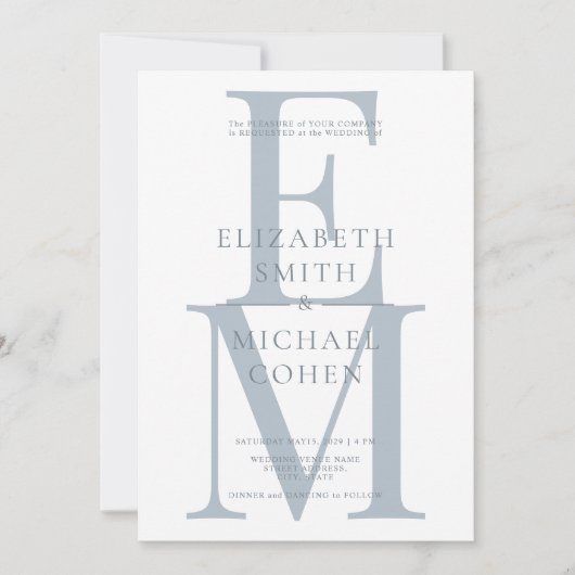 Invitation Chic moderne Monogramme initial Dusty Mariage bleu (Devant)