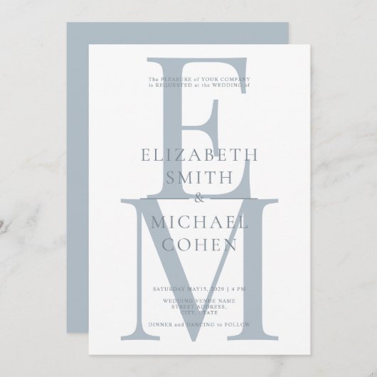 Invitation Chic moderne Monogramme initial Dusty Mariage bleu (Devant / Derrière)
