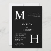 Invitation Chic Moderne Monogramme Initiale Mariage Noir Blan (Devant)