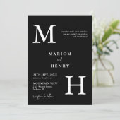 Invitation Chic Moderne Monogramme Initiale Mariage Noir Blan (Debout devant)