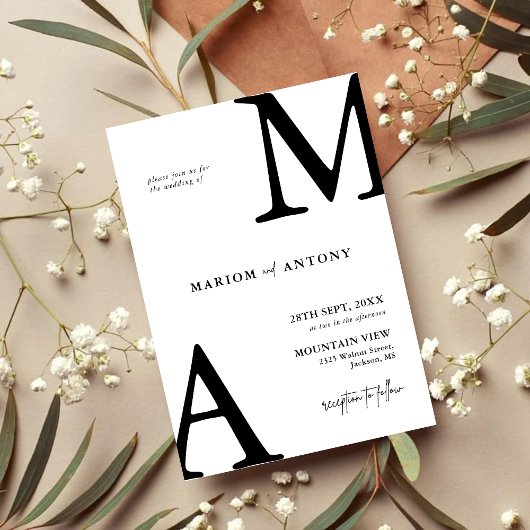 Invitation Chic Moderne Monogramme Initiale Mariage Noir Blan