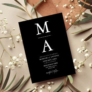 Invitation Chic Moderne Monogramme Initiale Mariage Noir Blan