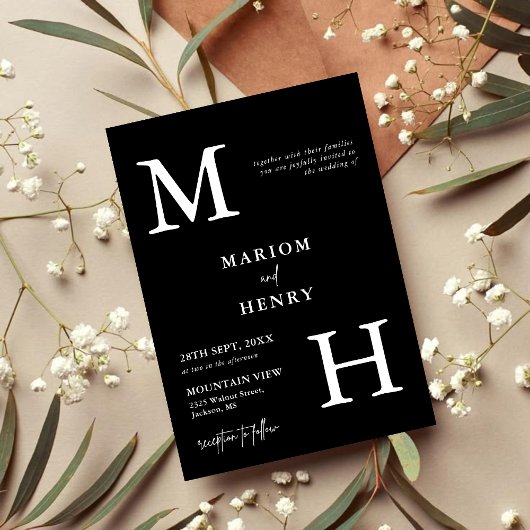 Invitation Chic Moderne Monogramme Initiale Mariage Noir Blan