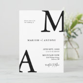 Invitation Chic Moderne Monogramme Initiale Mariage Noir Blan (Debout devant)