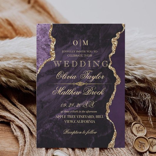 Invitation Chic moderne Moody violet et Mariage or