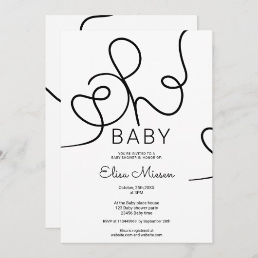 Invitation Chic moderne noir calligraphie blanche Oh baby sho (Devant / Derrière)