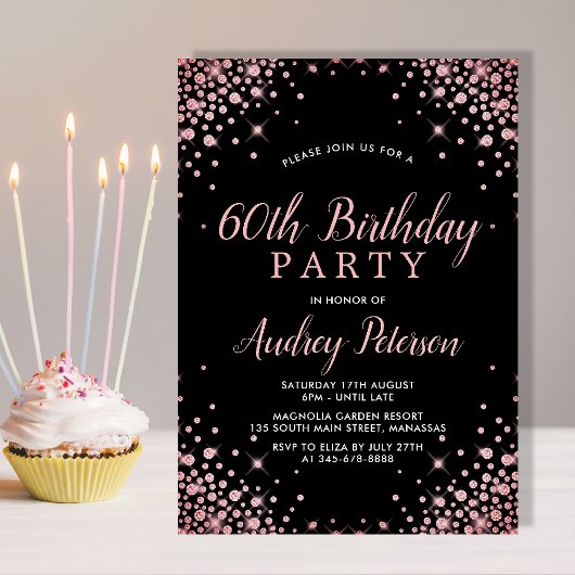 Invitation Chic moderne Rose Parties scintillant or noir 60e