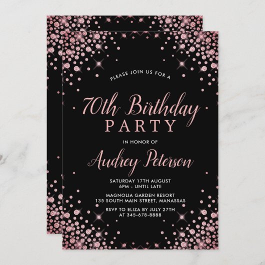 Invitation Chic moderne Rose Parties scintillant or noir 70e  (Devant / Derrière)