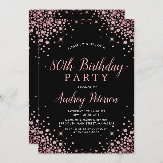 Invitation Chic moderne Rose Parties scintillant or noir 80e (Devant / Derrière)