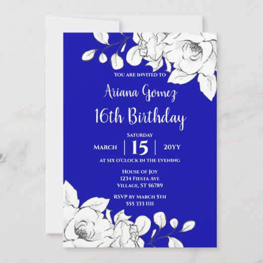 Invitation Chic Moderne Royal Bleu Blanc Floral 16e anniversa (Devant)