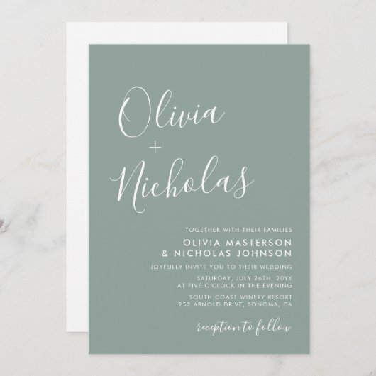 Invitation Chic Moderne Script Monogramme Sage Mariage Vert (Devant / Derrière)