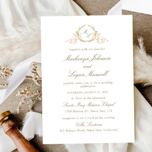 Invitation Chic Monogramme blanc et or, Mariage de calligraph