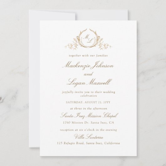 Invitation Chic Monogramme blanc et or, Mariage de calligraph (Devant)