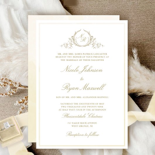Invitation Chic Monogramme de Champagne Formel, Mariage Aquar