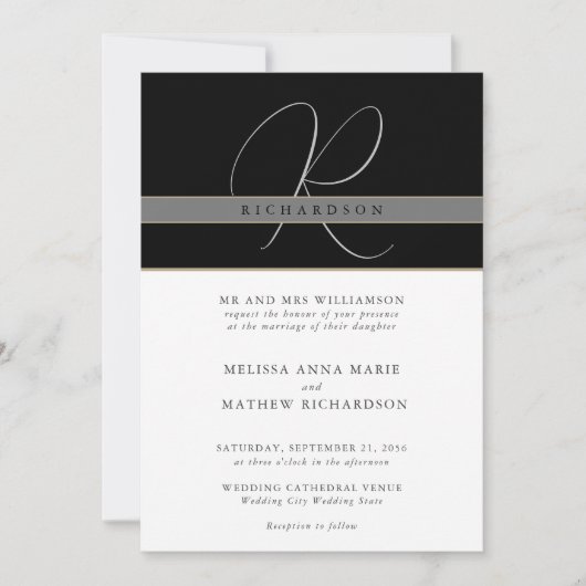 Invitation Chic Monogramme Elegant Classique Noir Blanc Maria (Devant)
