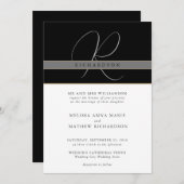 Invitation Chic Monogramme Elegant Classique Noir Blanc Maria (Devant / Derrière)