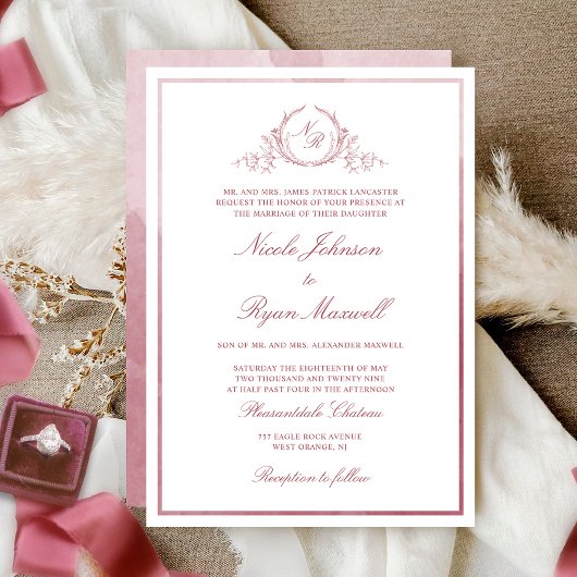 Invitation Chic Monogramme Formel Bourgogne Mariage d'aquarel