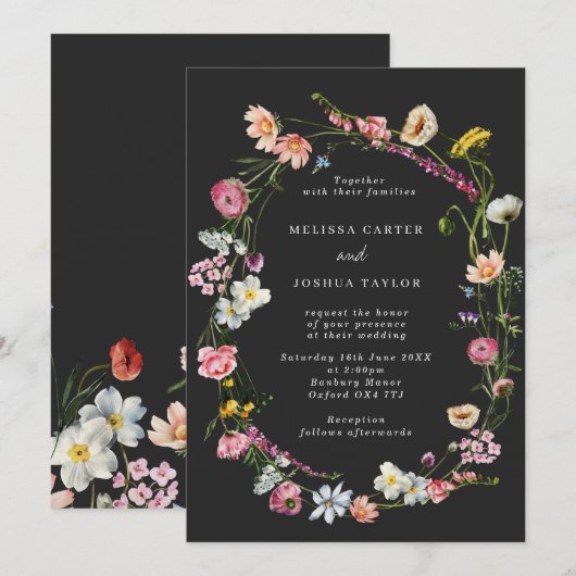 Invitation Chic Moody Wild Flowers Mariage de couronne (Devant / Derrière)