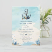 Invitation Chic Nautical Anchor Beach Modern QR Code Wedding  (Debout devant)