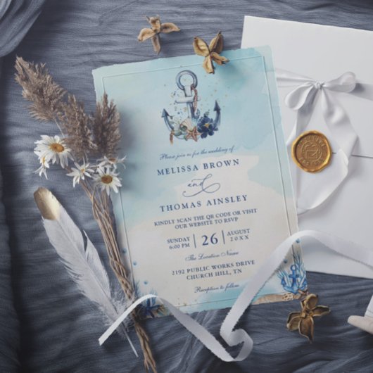Invitation Chic Nautical Anchor Beach Modern QR Code Wedding 