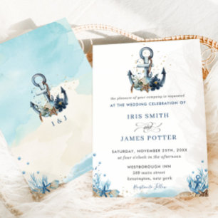 Invitation Chic Nautical Ancre Beach Mariage moderne