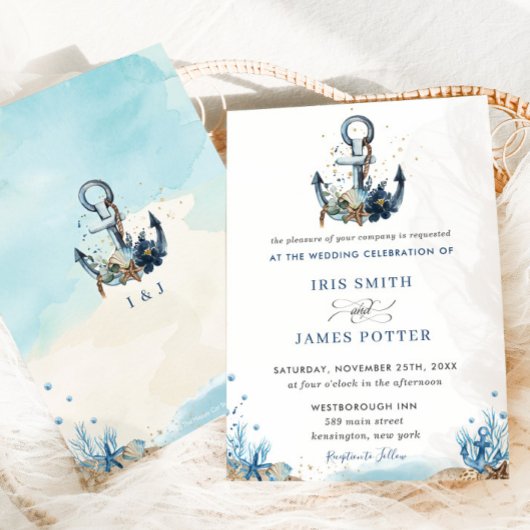 Invitation Chic Nautical Ancre Beach Mariage moderne