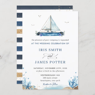 Invitation Chic Nautical Blue Boat Beach Mariage moderne