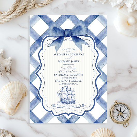 Invitation Chic Nautique Marine Mariage Bleu Bow