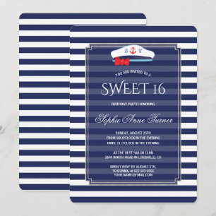 Invitation Chic Nautique Marine Stripes Silver Sweet 16 Party