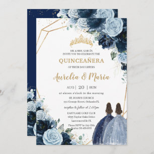 Invitation Chic Navy Baby Blue Floral Girls Twins Quinceañera