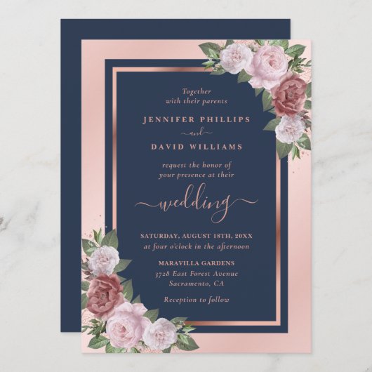 Invitation Chic Navy Blue Blush et Rose Gold Floral Mariage (Devant / Derrière)
