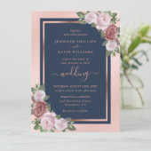 Invitation Chic Navy Blue Blush et Rose Gold Floral Mariage (Debout devant)
