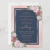 Invitation Chic Navy Blue Blush et Rose Gold Floral Mariage (Devant)