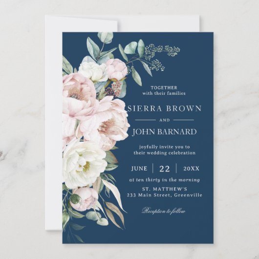 Invitation Chic Navy Blue Blush Ivory Peonies Floral Mariage (Devant)