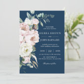 Invitation Chic Navy Blue Blush Ivory Peonies Floral Mariage (Debout devant)