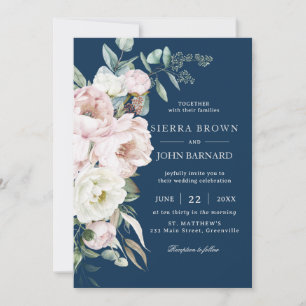 Invitation Chic Navy Blue Blush Ivory Peonies Floral Mariage