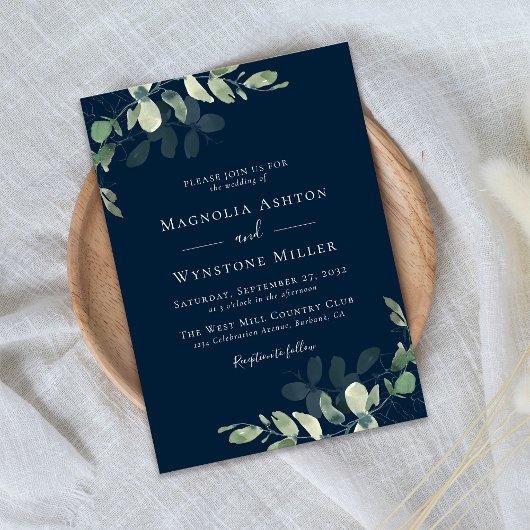 Invitation Chic Navy Blue Eucalyptus Mariage
