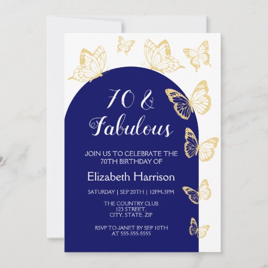 Invitation Chic Navy Blue Gold Butterflies Fabuleux anniversa (Devant)