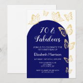 Invitation Chic Navy Blue Gold Butterflies Fabuleux anniversa (Devant / Derrière)