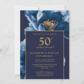 Invitation Chic Navy Blue Gold Floral 50e Anniversaire Photo (Devant)